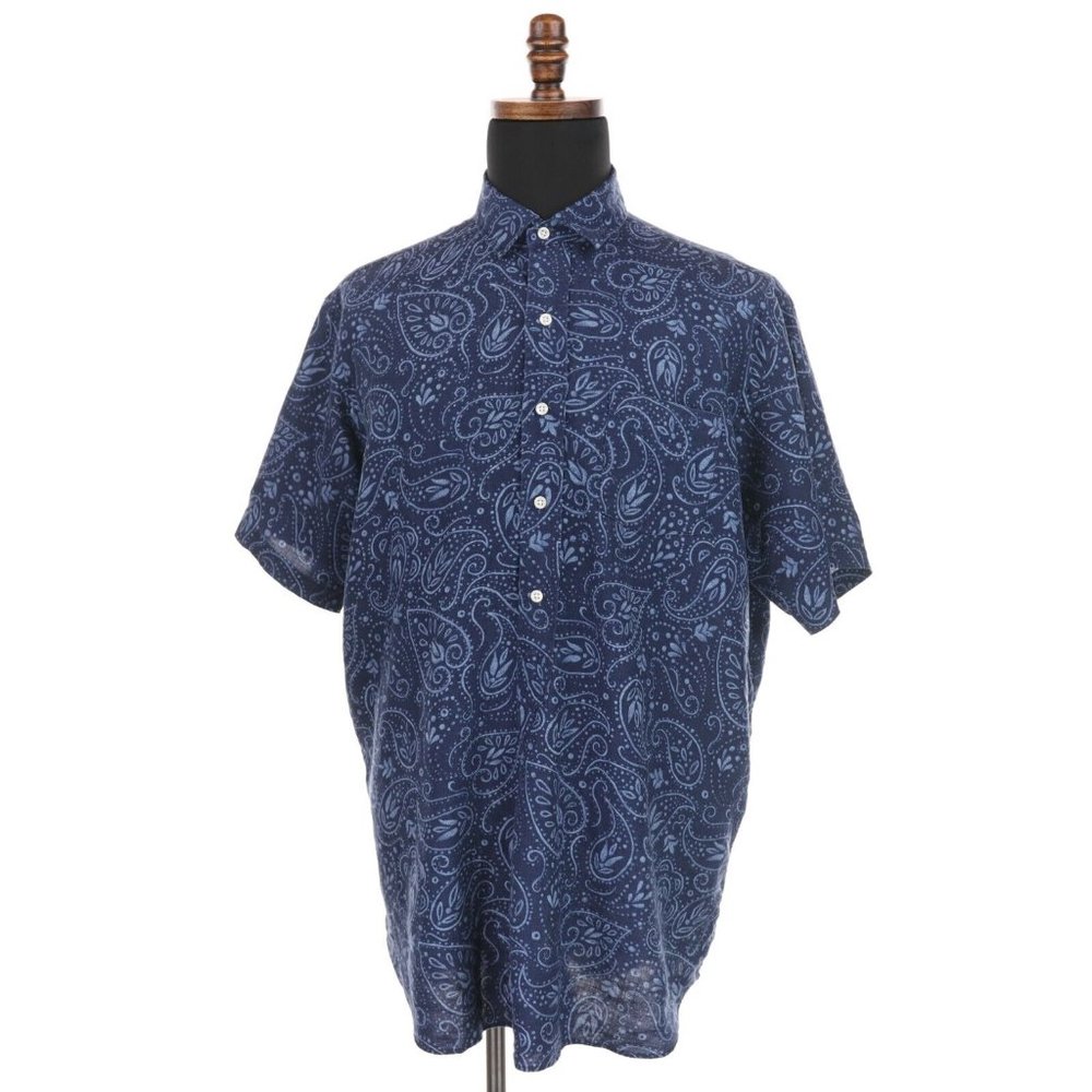 Polo Ralph Lauren Shirt Men's Large Blue Paisley Cambridge 100% Linen Vintage